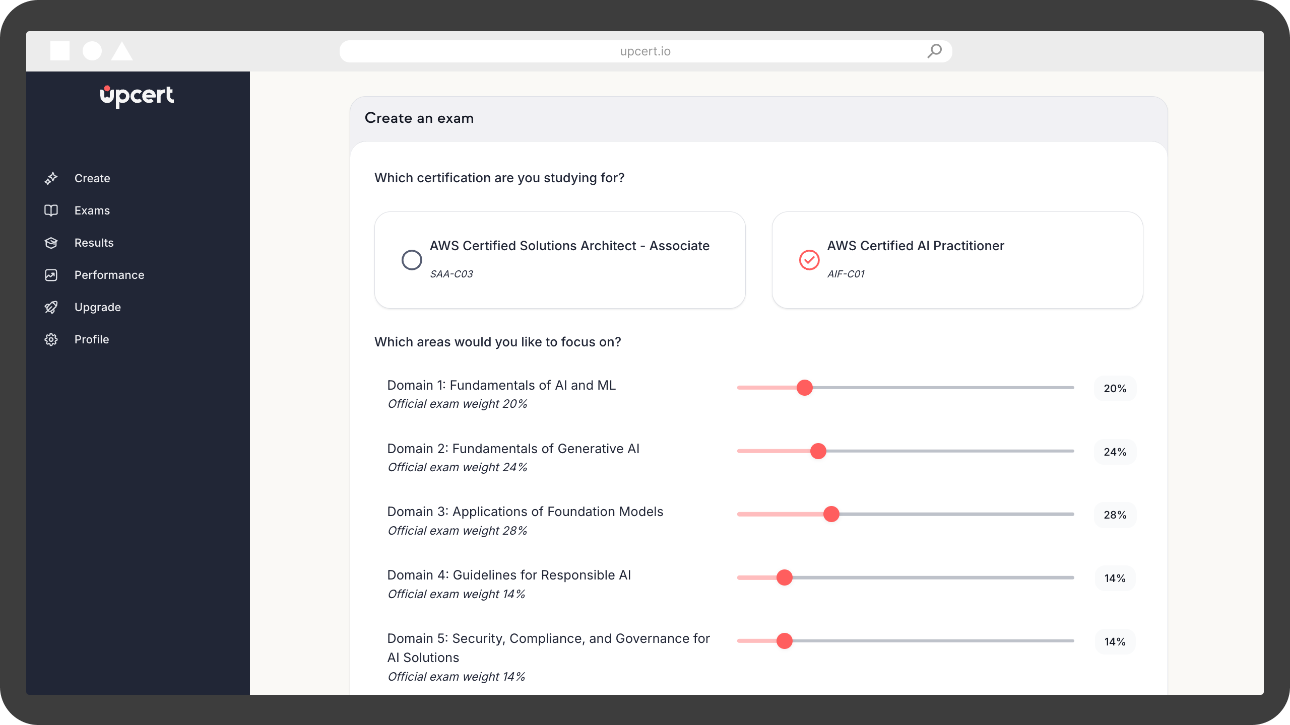 Screenshot of upcert.io exam preparation platform
