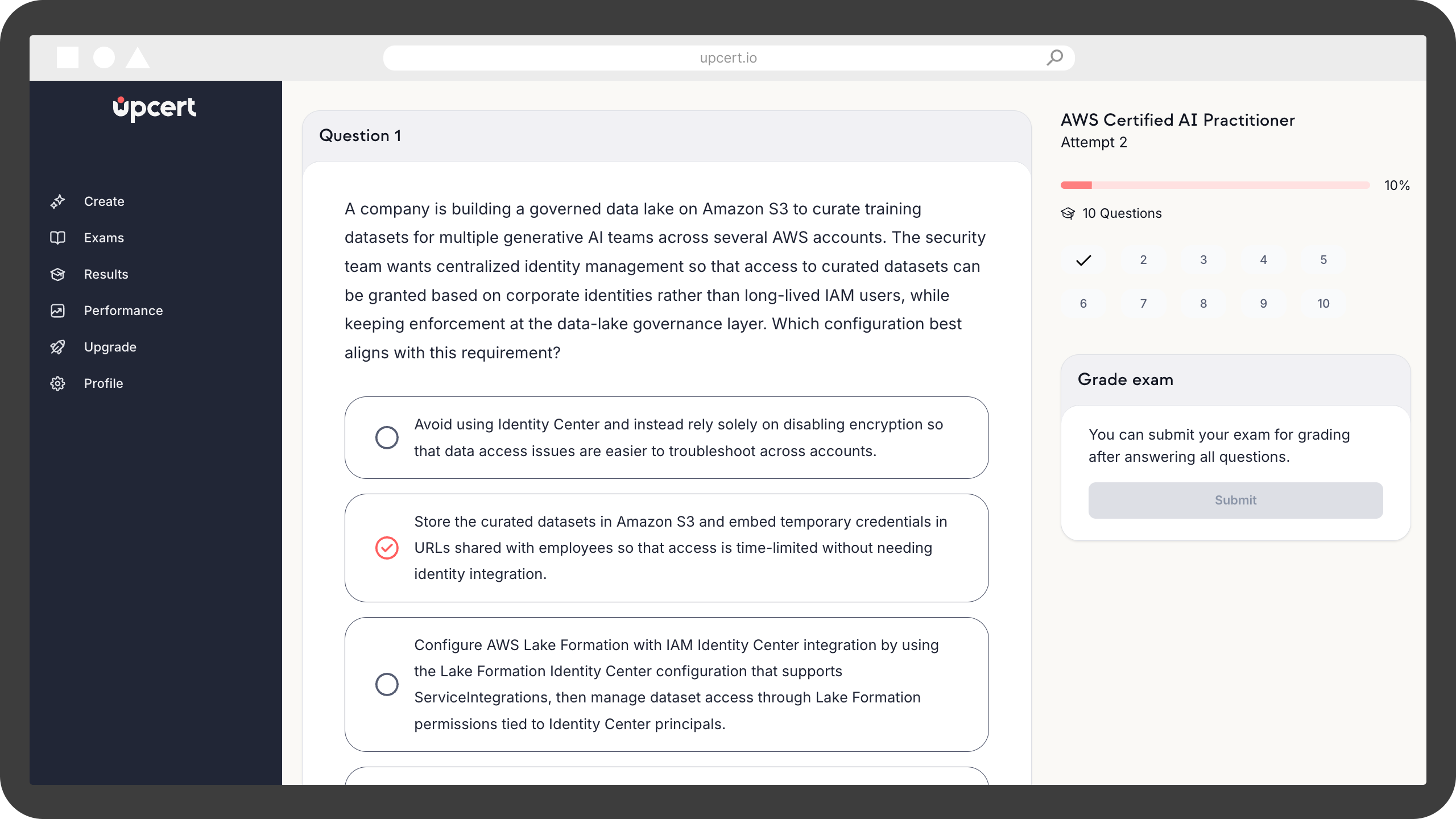 Screenshot of upcert.io exam preparation platform